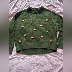 H&M Green Beaded Knit Sweater Embellished Crewneck Pullover Size S